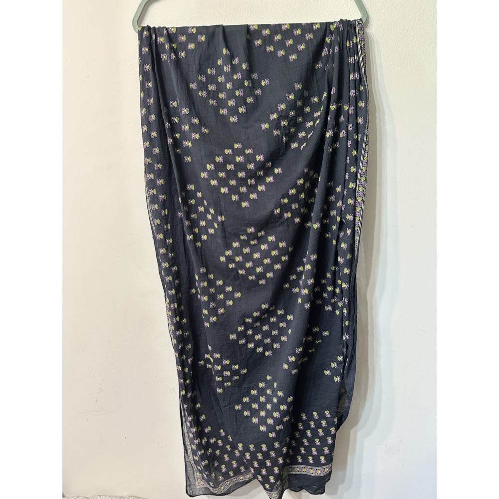 Indian Hand Block Print Floral Dupatta Black Cotton Silk Scarf Chunni Stole Boho